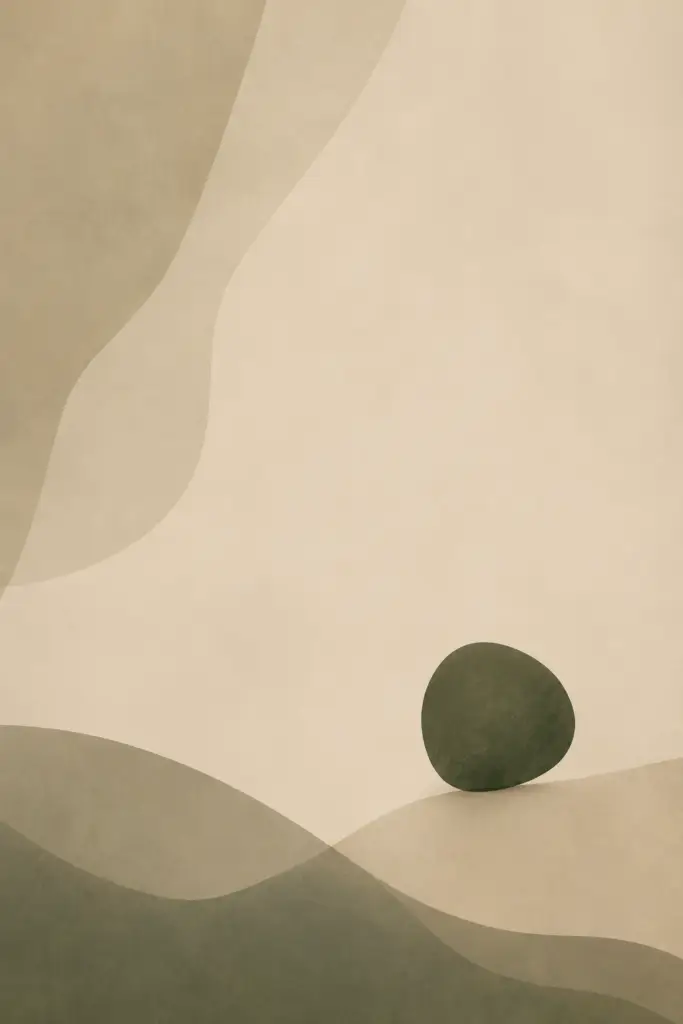 One small deep green form held within a spacious neutral background