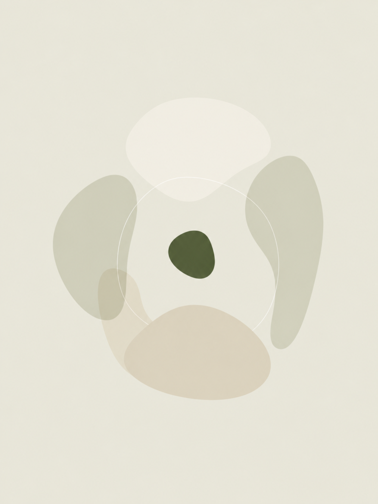 Soft organic shapes arranged around a small central deep green form