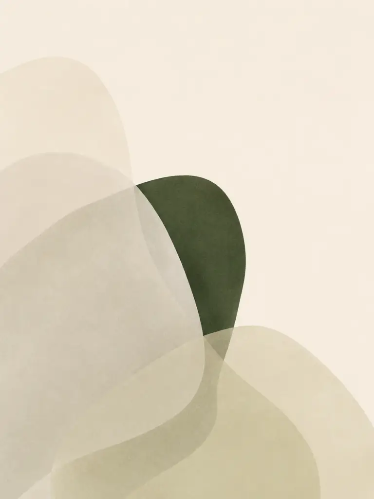 A deep green form partly emerging from translucent overlapping shapes