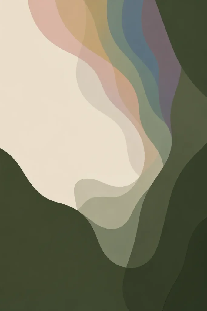 Layered abstract shapes in deep moss green with subtle muted rainbow tones