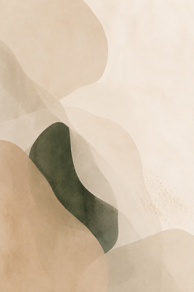 Abstract minimalist illustration in warm neutral and deep moss green tones, with one soft rounded green shape gently layered beneath translucent overlapping forms.