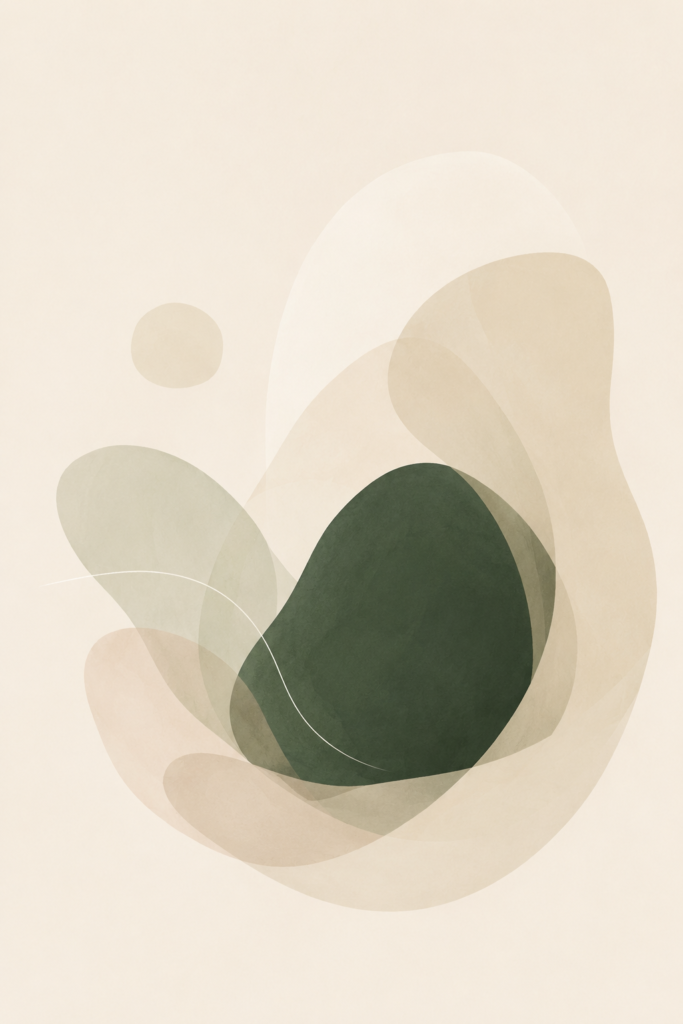 Soft translucent shapes gently gathering around a deep green form
