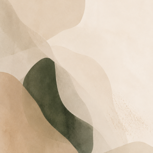 Abstract minimalist illustration in warm neutral and deep moss green tones, with one soft rounded green shape gently layered beneath translucent overlapping forms.