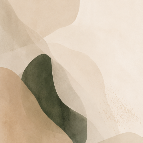 Abstract minimalist illustration in warm neutral and deep moss green tones, with one soft rounded green shape gently layered beneath translucent overlapping forms.