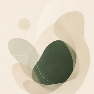 Soft translucent shapes gently gathering around a deep green form