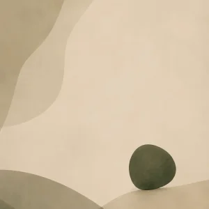 One small deep green form held within a spacious neutral background