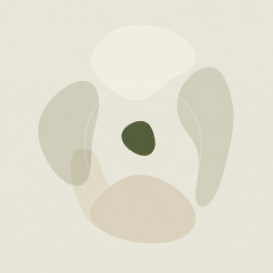 Soft organic shapes arranged around a small central deep green form