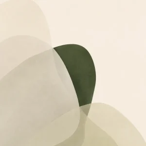 A deep green form partly emerging from translucent overlapping shapes