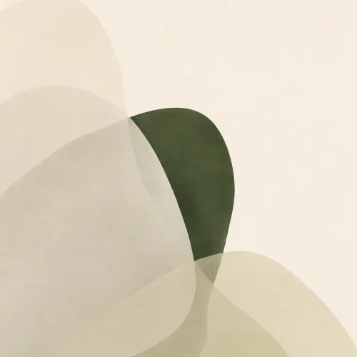 A deep green form partly emerging from translucent overlapping shapes