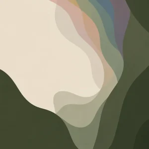 Layered abstract shapes in deep moss green with subtle muted rainbow tones